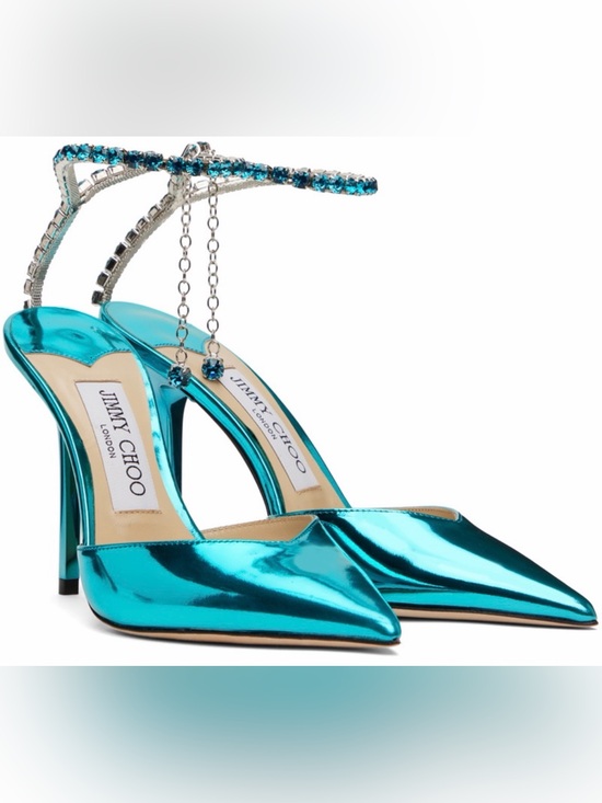 Jimmy Choo Shoes - Jimmy Choo Bing Crystal Anklet Pumps
💙 Size 38.5 | Metallic Turquoise Blue